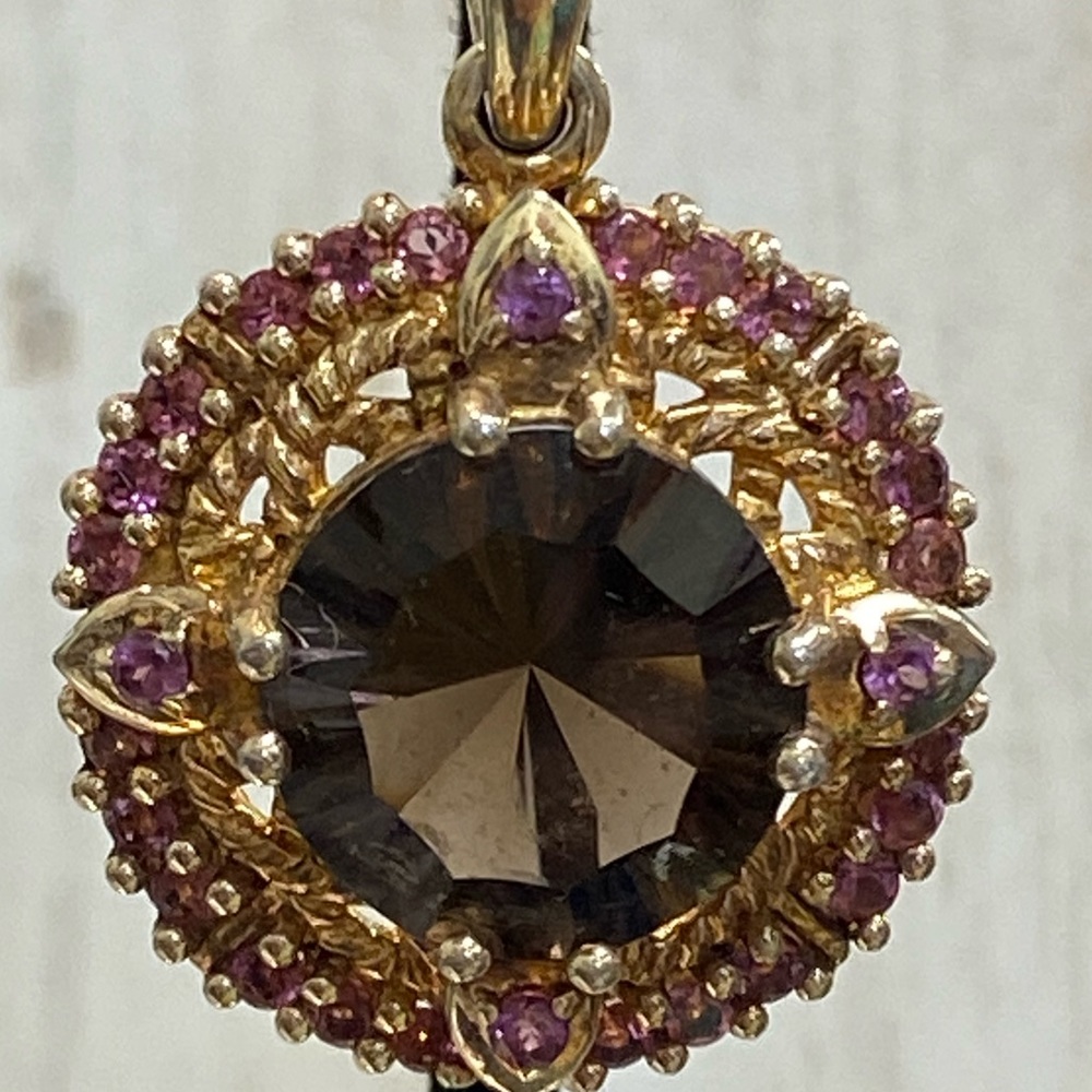 Vintage Sterling Silver  Gold Vermeil Necklace Enhancer Pendant  Smoky Quartz
